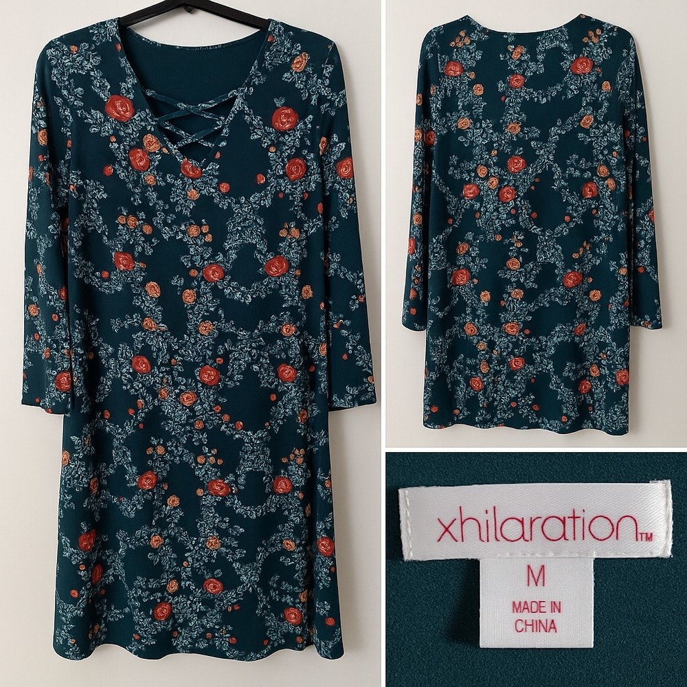 Xhilaration Women's Dress Medium Floral Long Sleeve Green Red Roses Lattice Neck